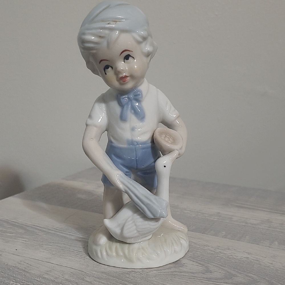 Unique Vintage Blue and White Porcelain Boy with Goose Figurine